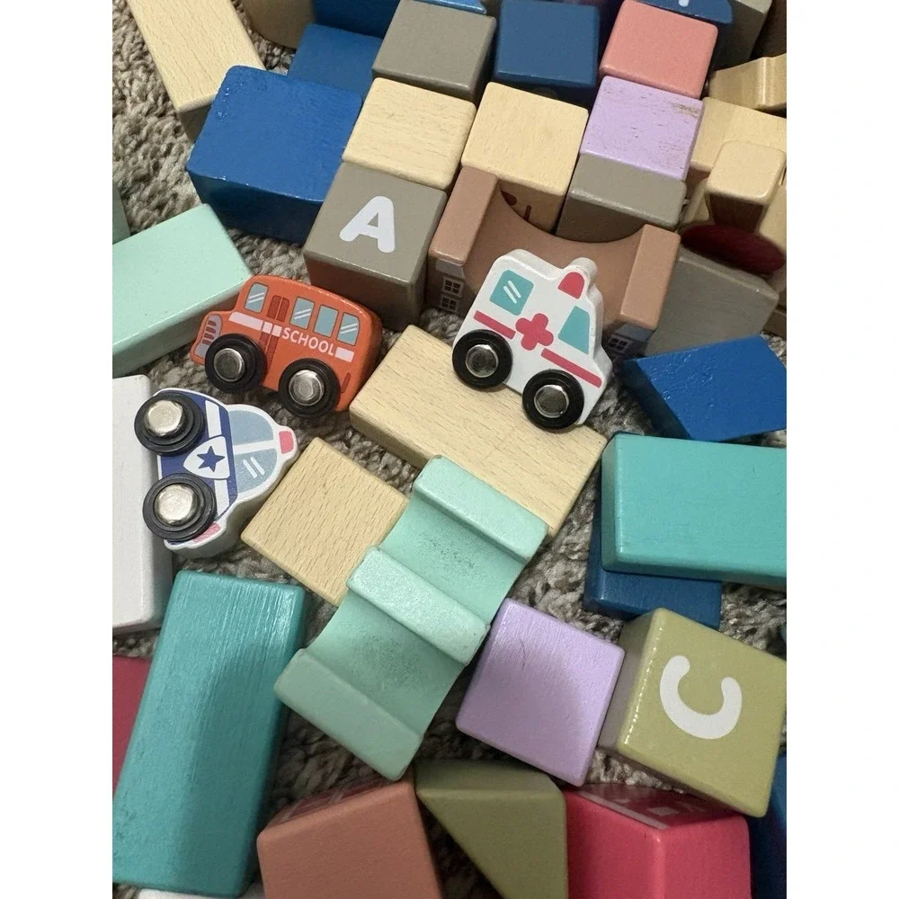 HUGE LOT Wooden Lakeshore City Building Blocks Preschool Daycare, Wood Vehicles